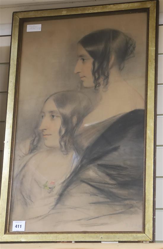 Follower of David Wilkie - pastel, Portrait of two sisters, bears signature 72 x 43cm